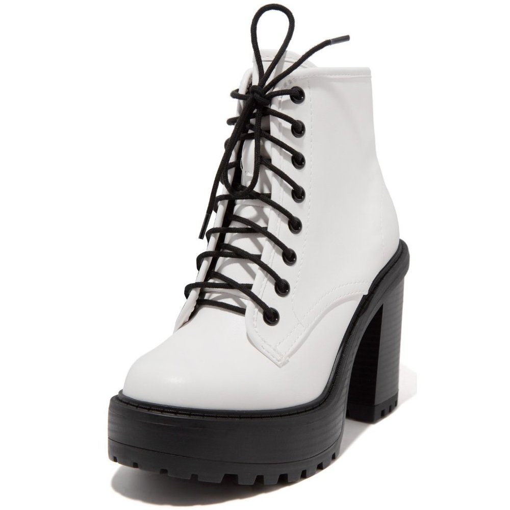 White Lace-Up Combat Ankle Boot Booties Platform Chunky High Heel Lug Sole